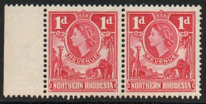 Northern Rhodesia 1955 Revenue QEII 1d red horizontal pair unmounted mint. Barefoot 16. Cat £5(2012)