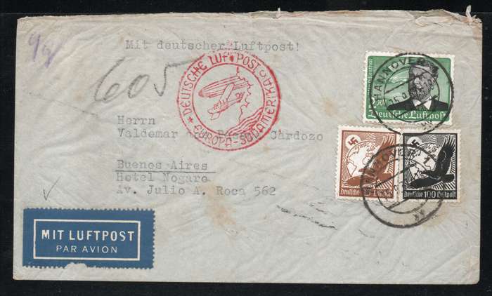 Germany 1937 Air Mail Cover Hannover to Buenos Aires Argentina with scarce 2m 1934 Air stamp. SG 535