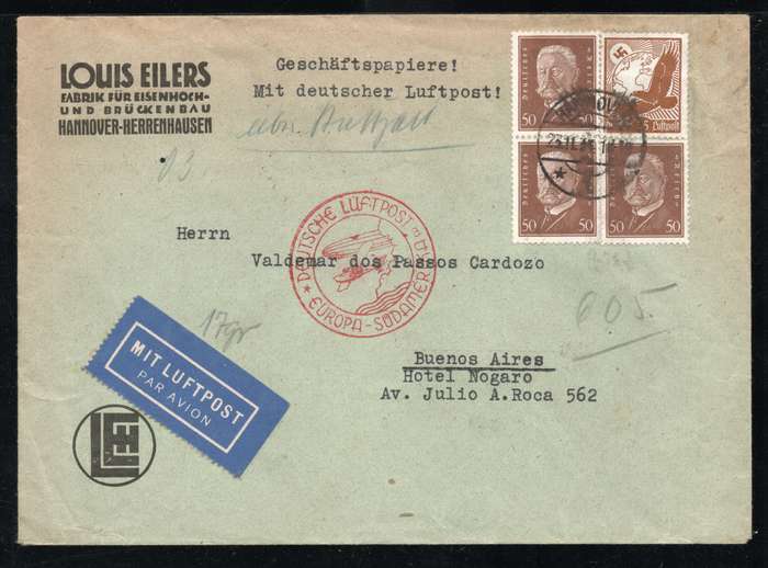 Germany 1934 Air Mail Cover Hannover to Buenos Aires Argentina.