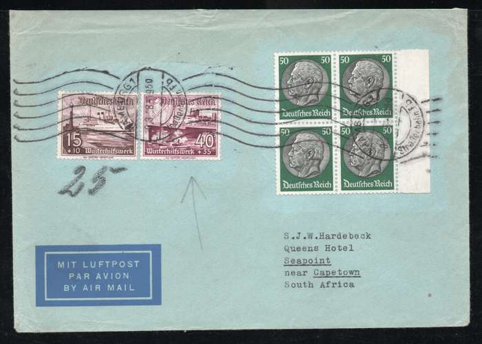 Germany 1938 Air Mail Cover from Hamburg to Cape Town, South Africa.