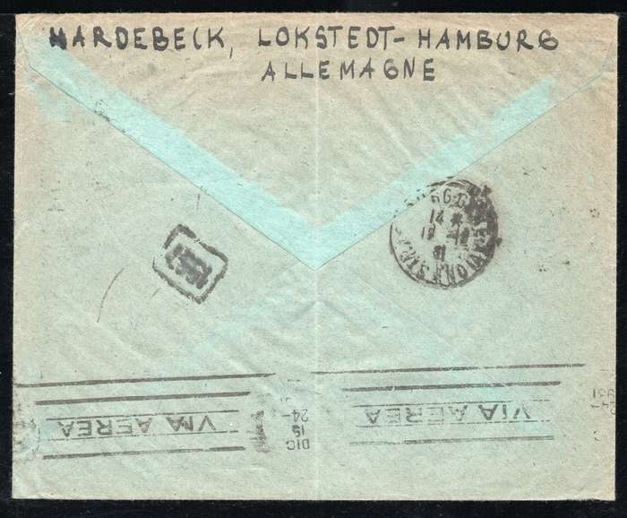 Germany 1931 Air Mail Cover from Hamburg to Buenos Aires, Argentina. 10pf, 50pf & 1M 1926 Air stamps