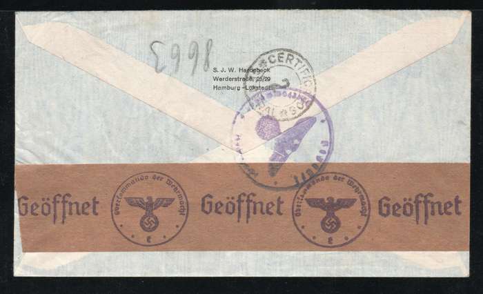 Germany 1940 WWII censored registered air mail cover from Hamburg to Buenos Aires Argentina.