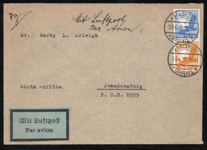 Germany 1936 Air Mail cover from Karlsrune to Johannesburg. 1934 Air 15pf & 80pf SG 528 & 533.