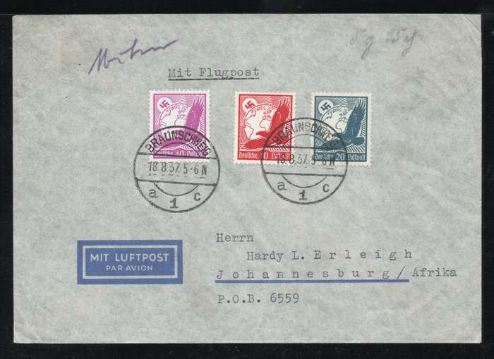 Germany 1937 Air Mail Cover from Braunschweig to Johannesburg, South Africa. SG 527, 529 & 531.