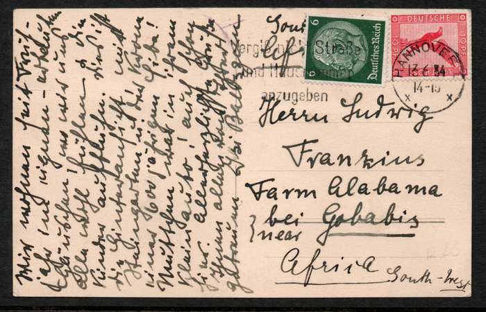 Germany 1934 Picture Post Card from Hannover to Alabama Farm, Gobabis, South West Africa.