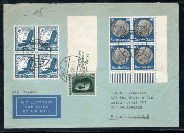 Germany 1938 Air Mail Cover Hamburg to Rio de Janeiro, Brazil. Scarce mixed franking.