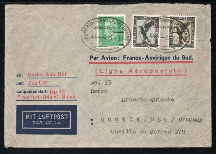 Germany 1930 Air Mail Cover Berlin to Montevideo, Uruguay. Very scarce 1926 2m & 3m Mark Air stamps.
