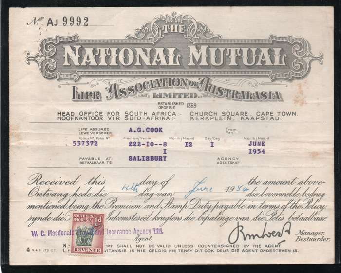 Southern Rhodesia - Receipt from The National Mutual Life Association for premium paid June 1954.