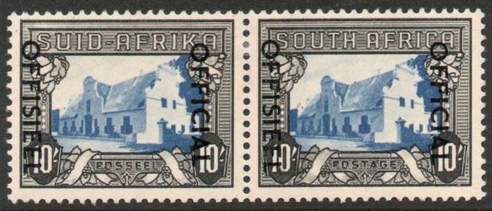 South Africa 1950-54 Official 10/- blue & charcoal pair mounted mint. SACC 49. Cat R1600 (2025)