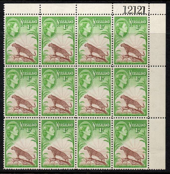 Nyasaland 1953-54 QEII Definitive 1d extended control block of 12 unmounted mint. SG 174.