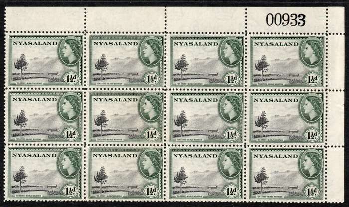 Nyasaland 1953-54 QEII Definitive 1½d extended control block of 12 unmounted mint. SG 175.