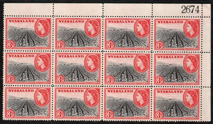 Nyasaland 1953-54 QEII Definitive 3d extended control block of 12 unmounted mint. SG 178.