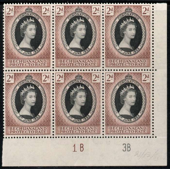 Bechuanaland 1953 QEII Coronation 2d extended control block of 6 unmounted mint. SG 142.
