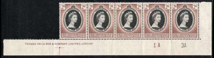 Bechuanaland 1953 QEII Coronation 2d extended control strip of 5 unmounted mint. SG 142. Cat £8,75