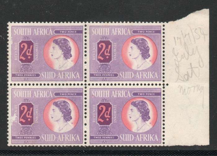 South Africa 1954 Revenue QEII 2d block of 4 unmounted mint but faults. Barefoot 82. Cat £14 (2012)