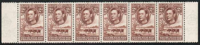 Bechuanaland 1938 KGVI Definitive 2d chocolate-brown strip of 6 umm & lmm. SACC 116. Cat R120 (2025)