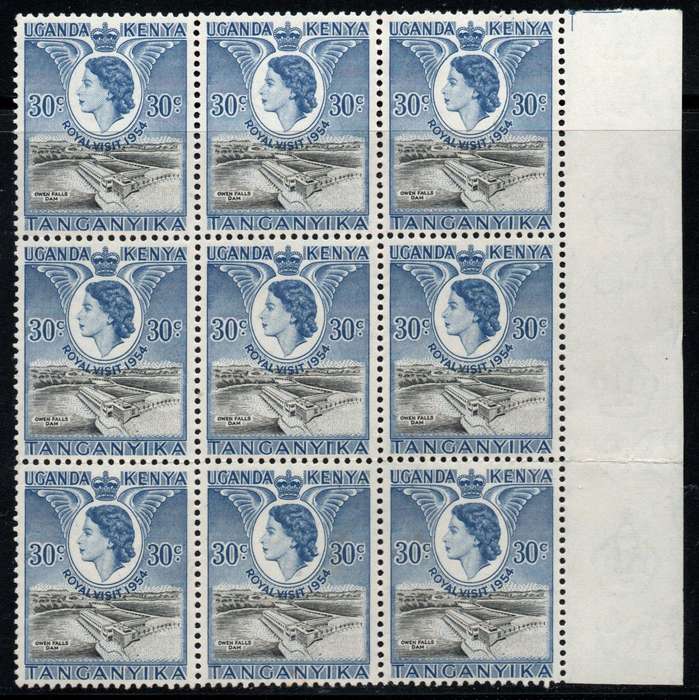 Kenya Uganda Tanganyika 1954 Royal Visit 30c block of 9 unmounted mint. SG 166. Cat £5,40 (2022)