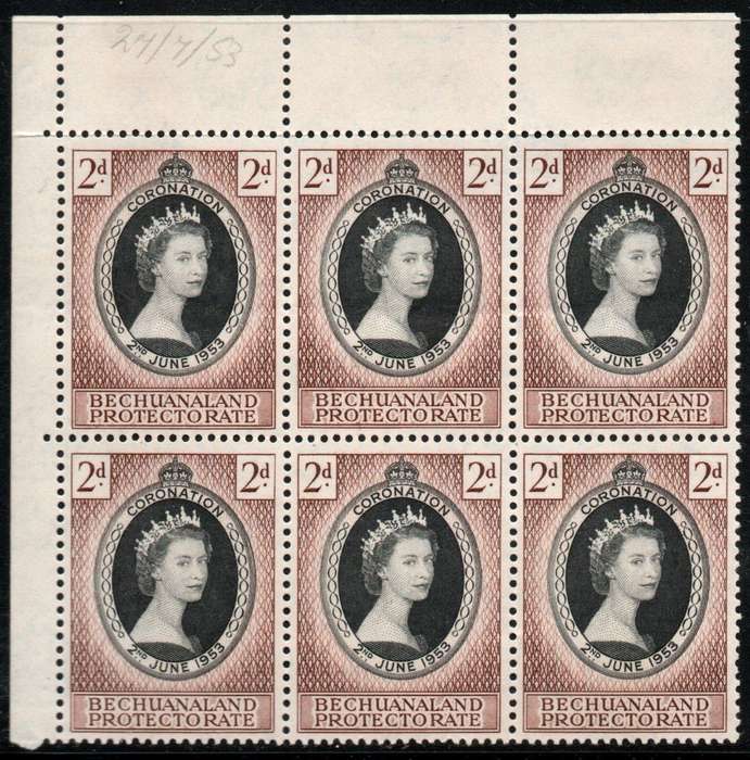 Bechuanaland 1953 QEII Coronation 2d block of 6 unmounted mint. SG 142. Cat £10,50 (2022)