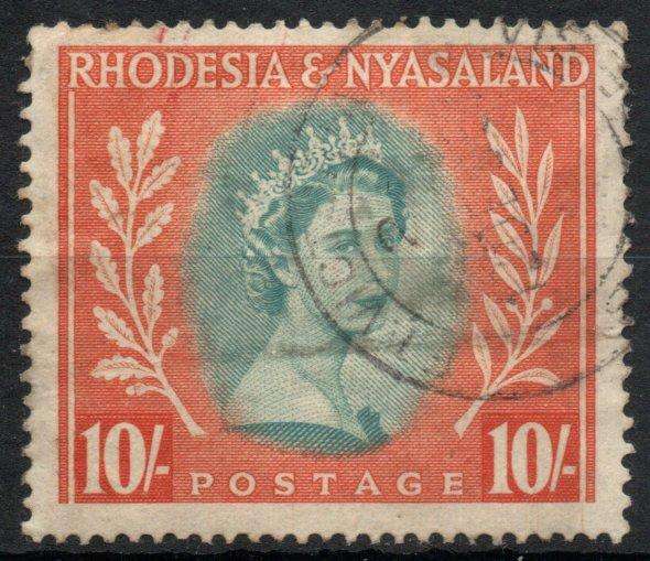 Rhodesia & Nyasaland 1954-56 QEII Defin 10/- slate green & orange vfu. SACC 14. Cat R200 (2025)