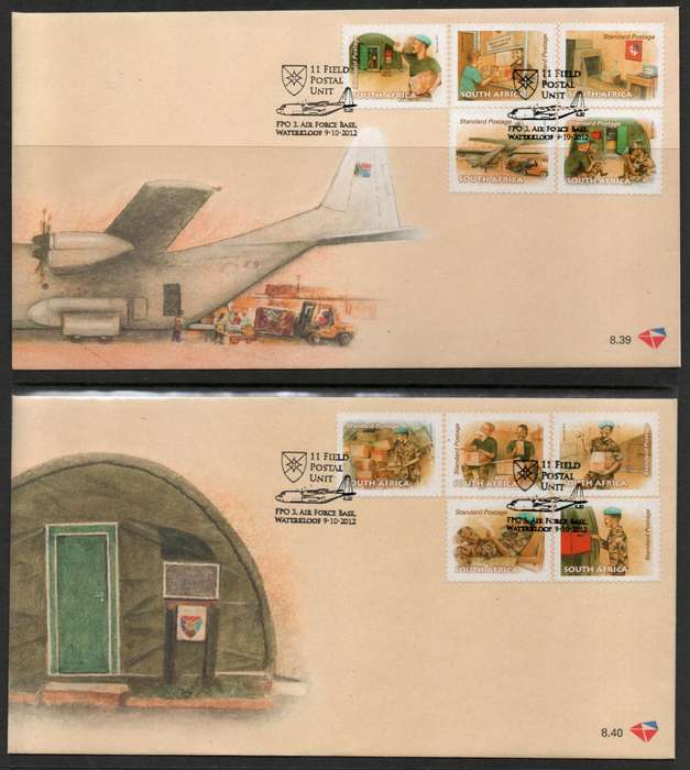South Africa 2012 SA Field Postal Unit set of 10 on 2 FDC's 8.39 & 8.40.  Cat R120 (2023-25)