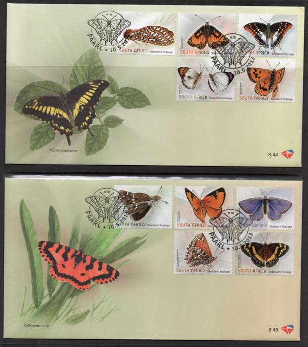 South Africa 2013 Butterflies & Moths set of 10 on 2 FDC's 8.44 & 8.45. SACC 2236. Cat R150 (2025)