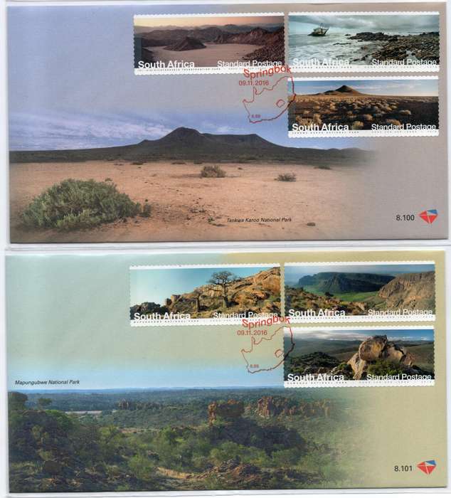 South Africa 2016 National Parks set of 6 on 2 FDC's 8.100 & 8.101. SACC 2295. Cat R200 (2025)