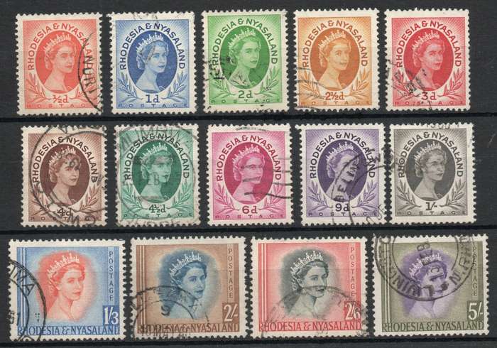 Rhodesia & Nyasaland 1954-56 QEII Definitive short set of 14 very fine used. Cat R347 (2025)