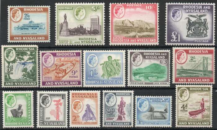 Rhodesia & Nyasaland 1959-1962 QEII Definitive set of 15 umm & lmm. SACC 18-32. Cat R2667 (2025)