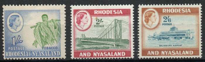 Rhodesia & Nyasaland 1959-1962 QEII Definitive 1/-, 2/- & 2/6d lmm. SACC 26, 28 & 29 Cat R295 (2025)
