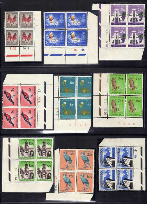 South Africa 1961-63 Definitive set of 9 in control blocks of 4. SACC 210-218. Cat R3705. (2023-25)