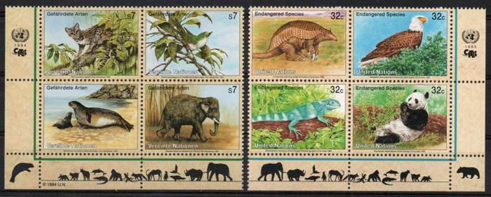 United Nations 1994-95 Endangered animals 2 mini sheets umm. SG 667-670 & V161-164. Cat £7,80 (2013)