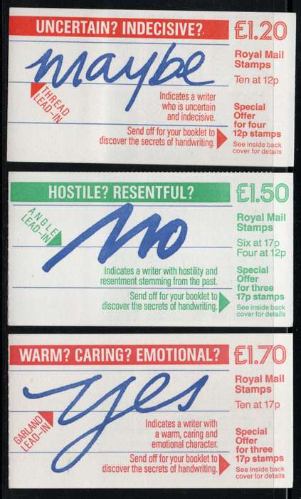 Great Britain 1986 set of 3 Handwriting Booklets unmounted mint. SG FJ6, FP3 & FT7 Cat £11,25 (2018)