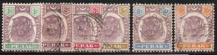 Malaysia Perak 1895 Definitive part set of 6 (1c-3c & 5c-10c) vfu. SG 66-8 & 70-2. Cat £3,75 (2013)