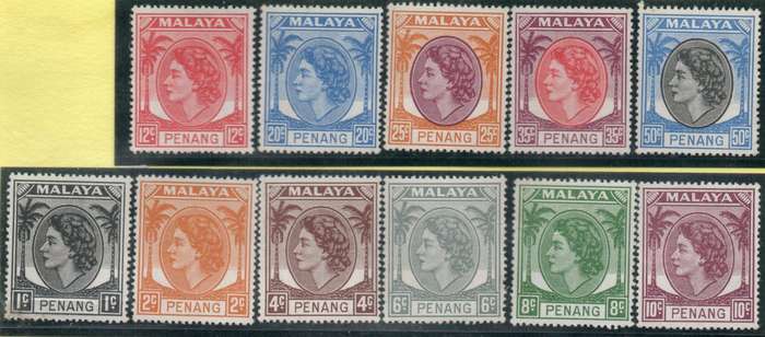 Malaya Penang 1954-57 QEII Definitive part set of 11 umm. Cat £8,50 (2022)
