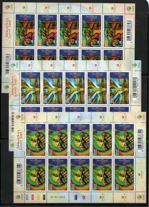 South Africa 2002 World Summit 2nd issue set of 3 full sheets of 10 umm SACC 1495-7. Cat R1200(2025)
