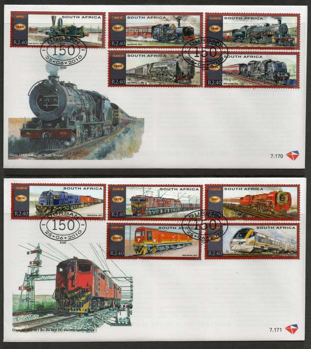 South Africa 2010 Trains set of 10 on 2 FDC's 7.170-7.171. Cat R120 (2023-25)