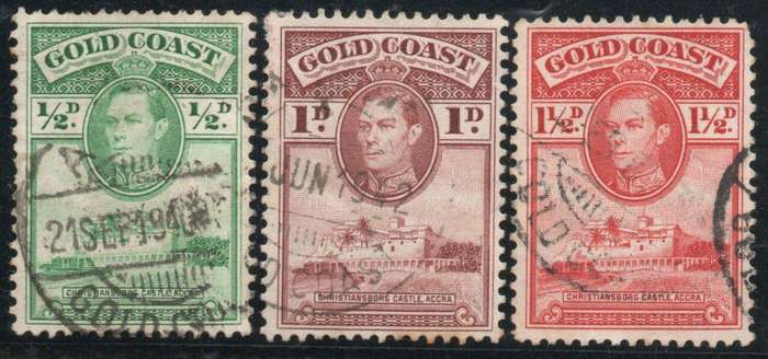 Gold Coast 1938 KGV Definitive ½d-1½d very fine used. SG 120a, 121a & 122a. Cat £1,10 (2022)
