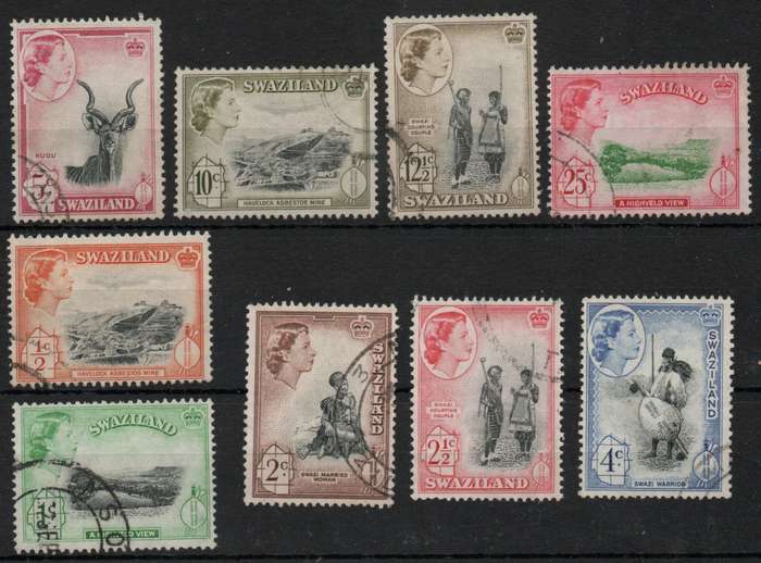 Swaziland 1961 Definitive part set of 9 very fine used. (½c - 25c) SACC 77-85. Cat R376 (2025)