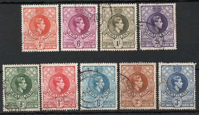 Swaziland 1938 Defin part set of 9 very fine used. SACC 27a, 28a, 29a, 30a, 31b, 32a, 33c, 34 & 35a.