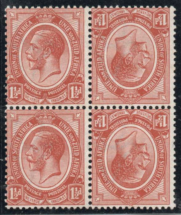 South Africa 1913 Definitive 1½d Tete Beche block of 4 mint no gum. SACC 4b. Cat R160 (2023-25)