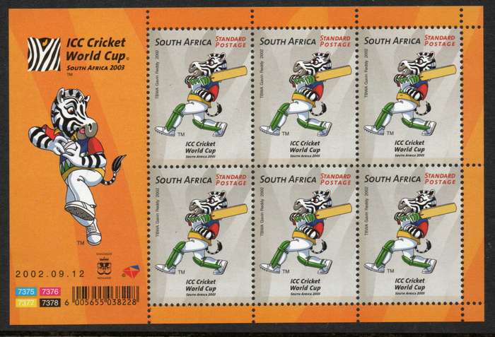 South Africa 2002 World Cup Cricket Batter sheetlet of 6 umm. SACC 1501. Cat R180 (2025)