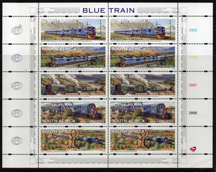 South Africa 1997 Blue Train 2 sets in sheet of 10 umm. SACC 1051-55. Cat R500 (2023-25)