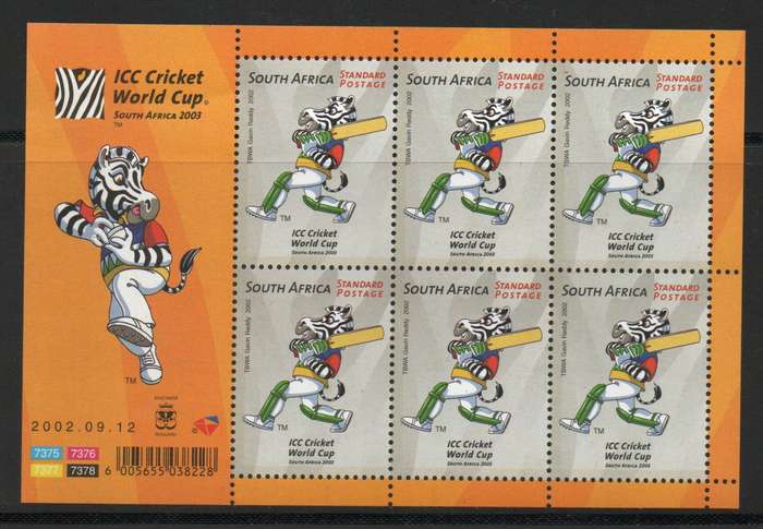 South Africa 2002 World Cup Cricket sheet of 6 umm. SACC 1501. Cat R180 (2023-25)