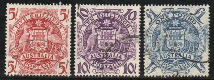 Australia 1948 Definitive 3 high values very fine used. SG 224a-c. Cat £5,30. (2022)