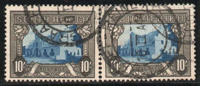 South Africa 1933-48 Hyphenated pictorial 10/- pair used reinforced perfs. SACC 63a. Cat R200