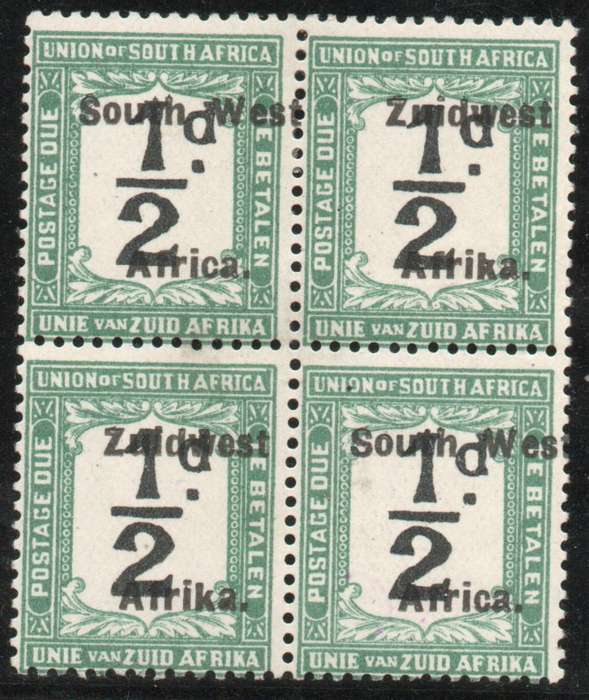 South West Africa Postage Due 1924-26 Group V ovpt ½d block of 4 mm. SACC 21. Cat R600 (2023-25)