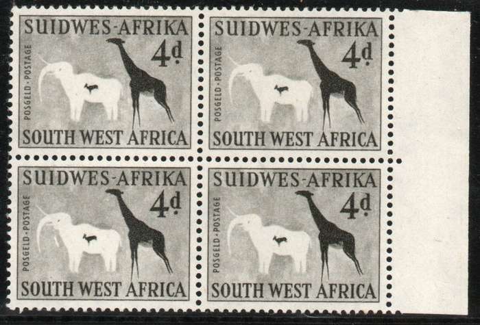 South West Africa 1960 Definitive 4d block of 4 umm wmk Coat of Arms. SACC 197. Cat R300