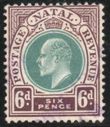 Natal 1902-03 KEVII Definitive 6d green & brown-purple very fine used. SACC 116. Cat R90 (2023-25)