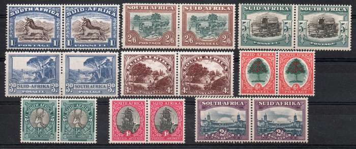 South Africa 1947-54 Hyphenated & Screened pictorials set of 9 pairs umm. SACC 113-121. Cat R2580.