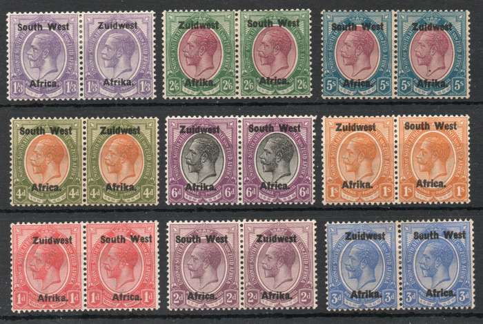 South West Africa 1923 KGV Type III ovpt short set of 9 pairs lmm. SACC 16-24. Cat R9420 (2023-25)